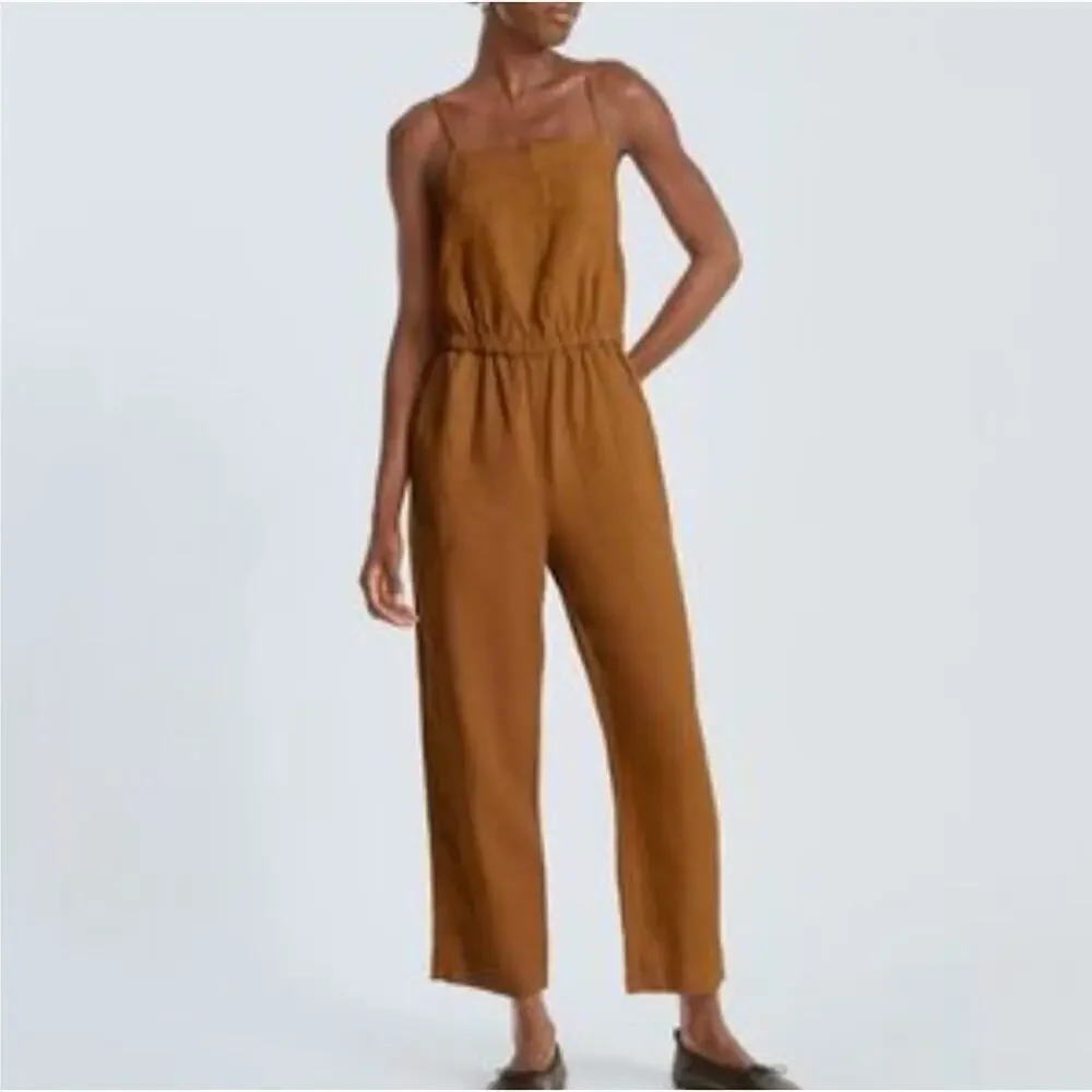 Everlane Linen Sleeveless Spaghetti Strap Open Back Mustard Orange Pant Jumpsuit
